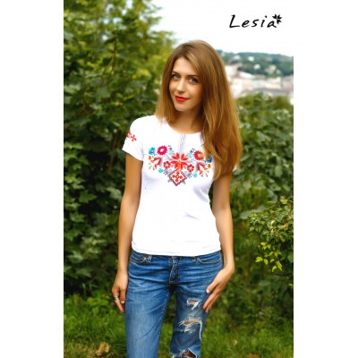 Embroidered t-shirt "Forest Song - Red on White" maxi embroidery